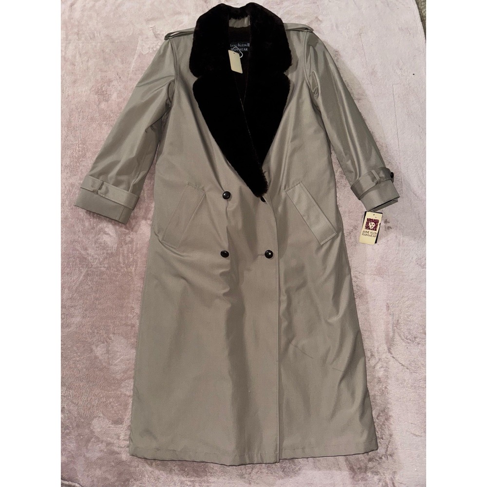 Anne Klein II Rainwear Women's Long Trench‎ Coat Faux Fur Lined Taupe VTG Sz 8